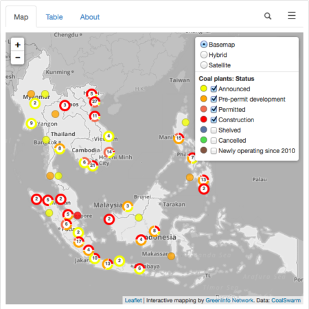 Map of coal plants by status in southeast Asia