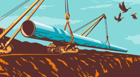 Heavy machinery lays a new section of pipeline